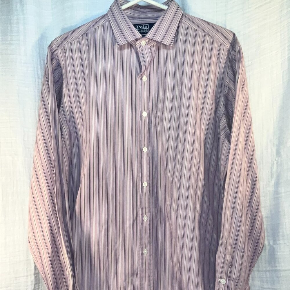 POLO Men's Long Sleeve Oxford Shirt - Size L - Lilac/Purple Stripe